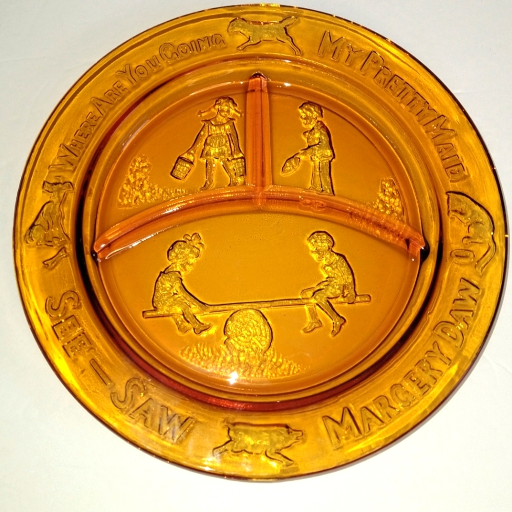 Vintage Amber Tiara Glass Nursery Rhymes Child's Divided Plate
